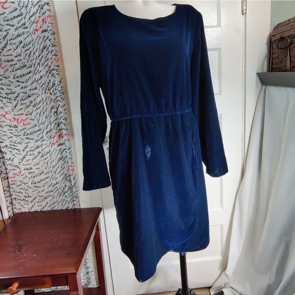 Velvet Faux Wrap Dress Navy Blue Vintage J Crew Tulip Hem Long Sleeve Midi Sz 14 - Picture 6 of 9